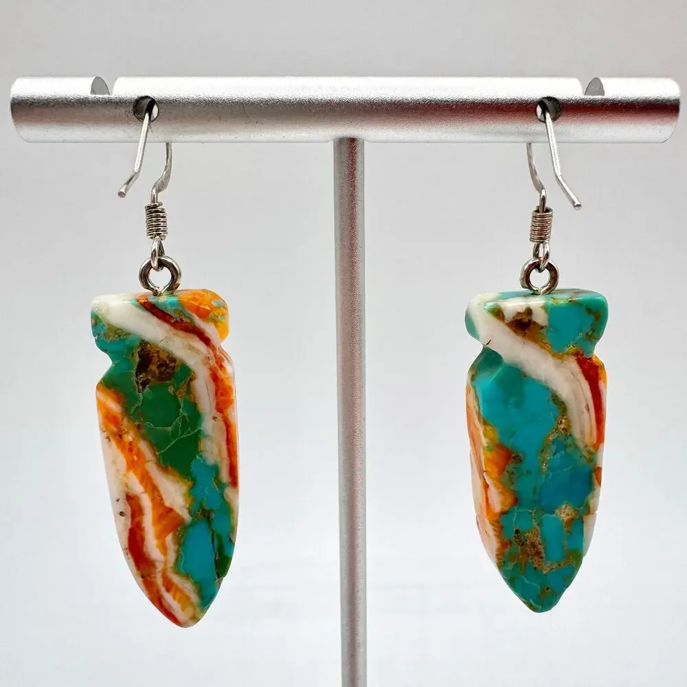 Turquoise Spiny Oyster Shell Carved Arrowhead Composite Slab Earrings Southwest - Picture 4 of 12